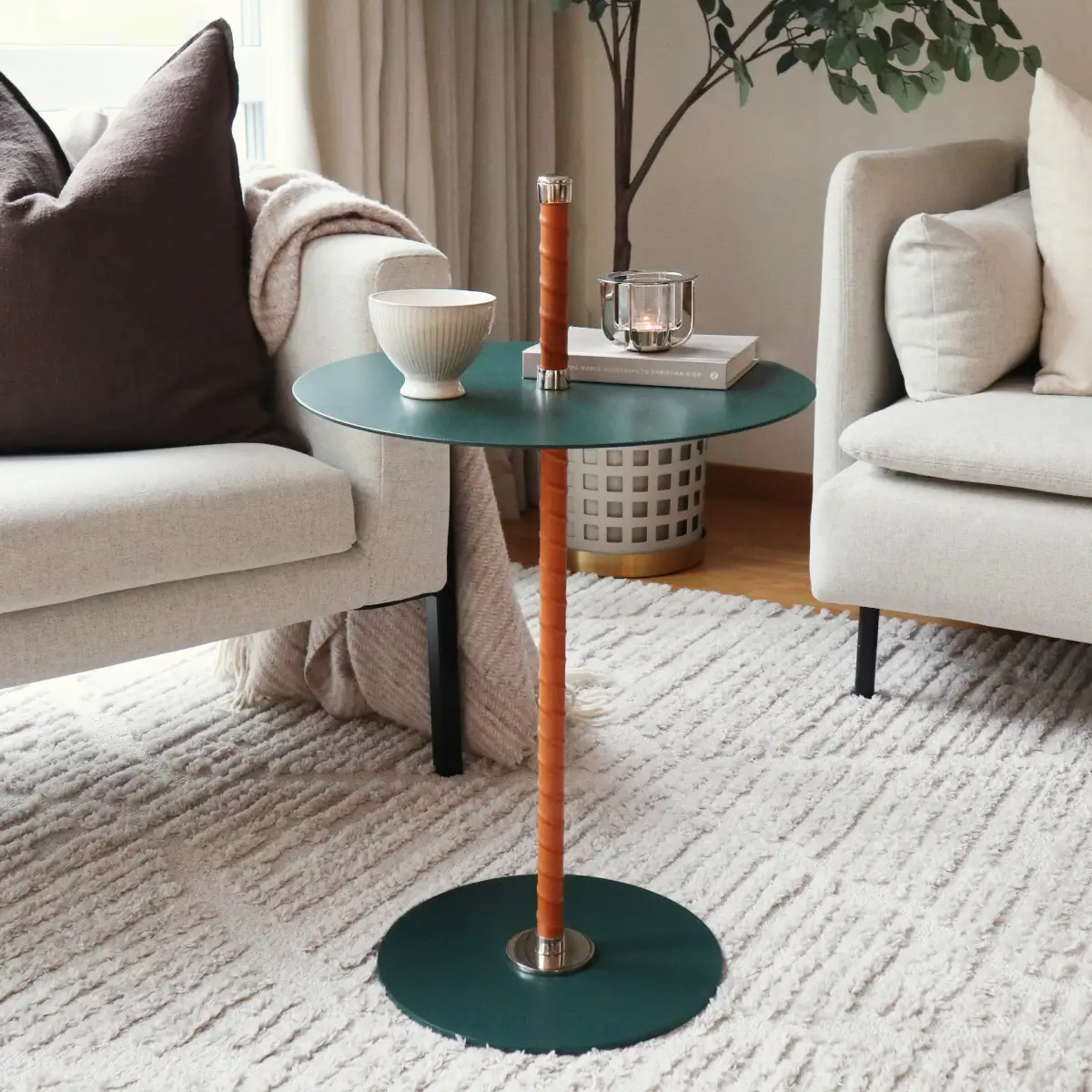 Cabaret side table green leather, stainless steel