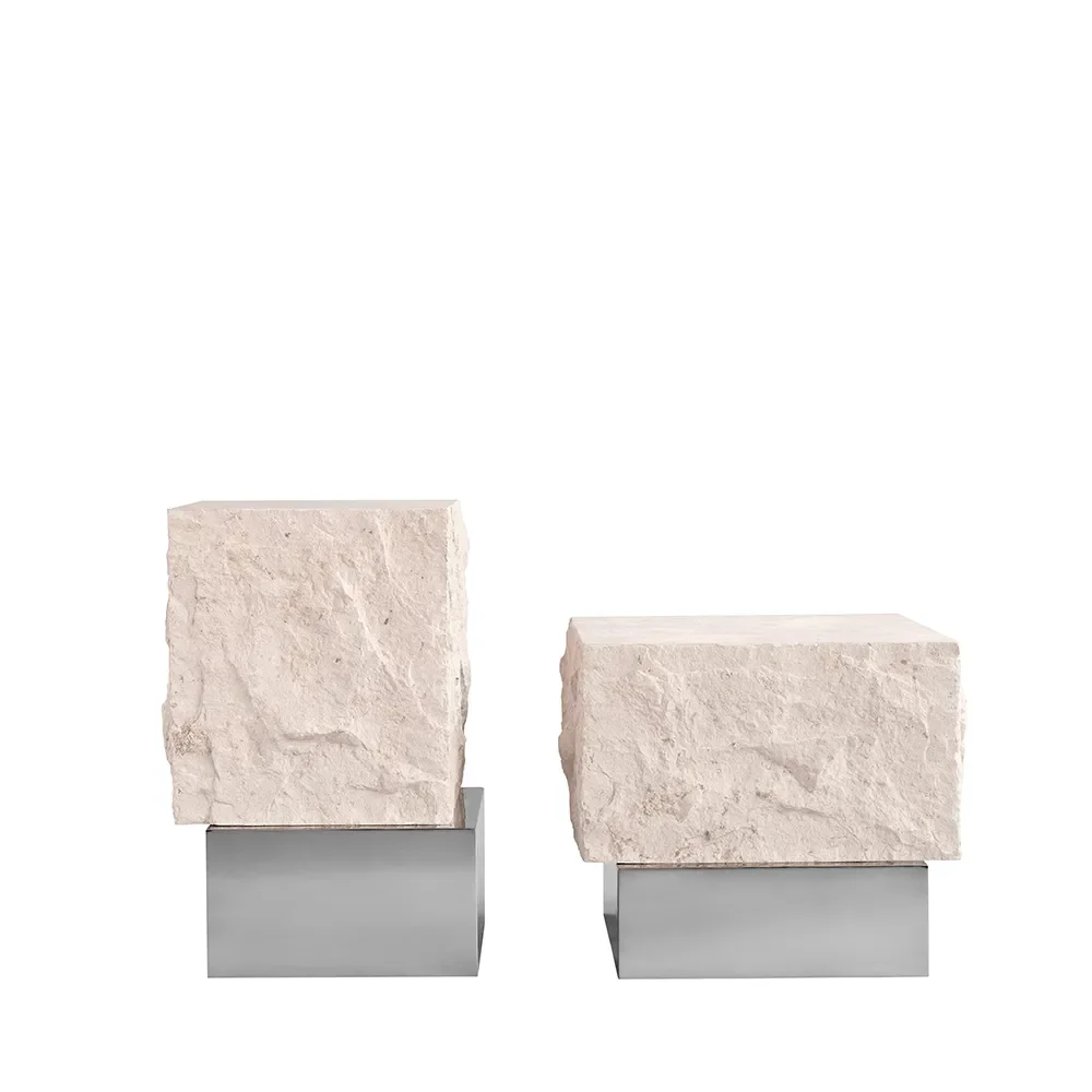 Temple Coffee Table, Tall - Chrome / Limestone