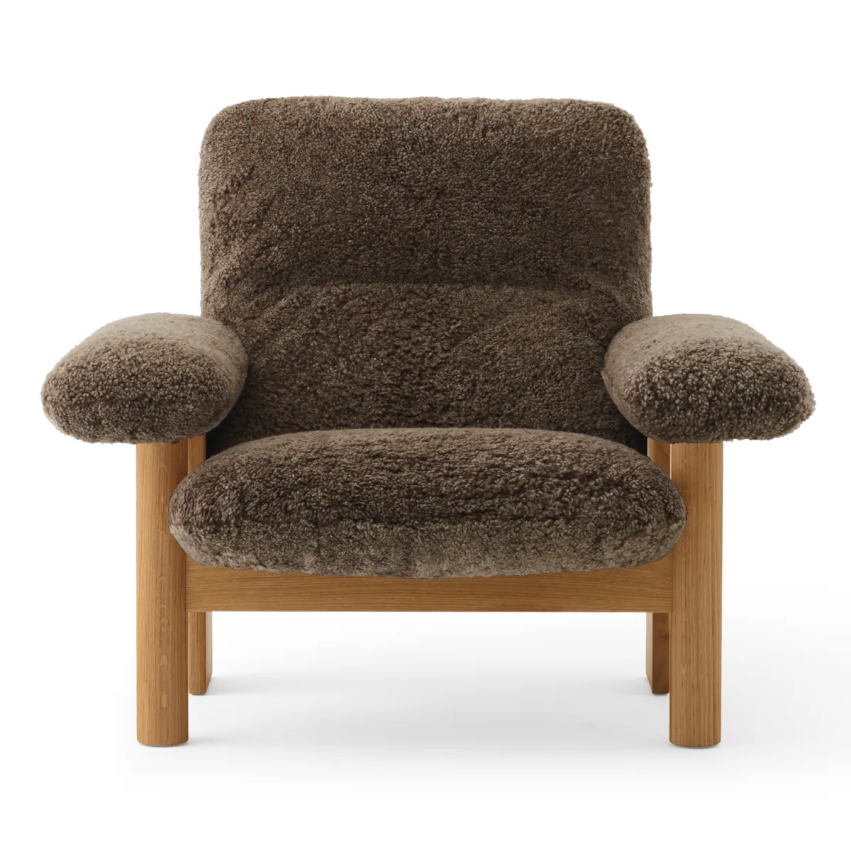 Brasilia Lounge Chair Fully Upholstered High Back Four-Leg Base Solid Oak Natural Sheepskin Nevotex Root