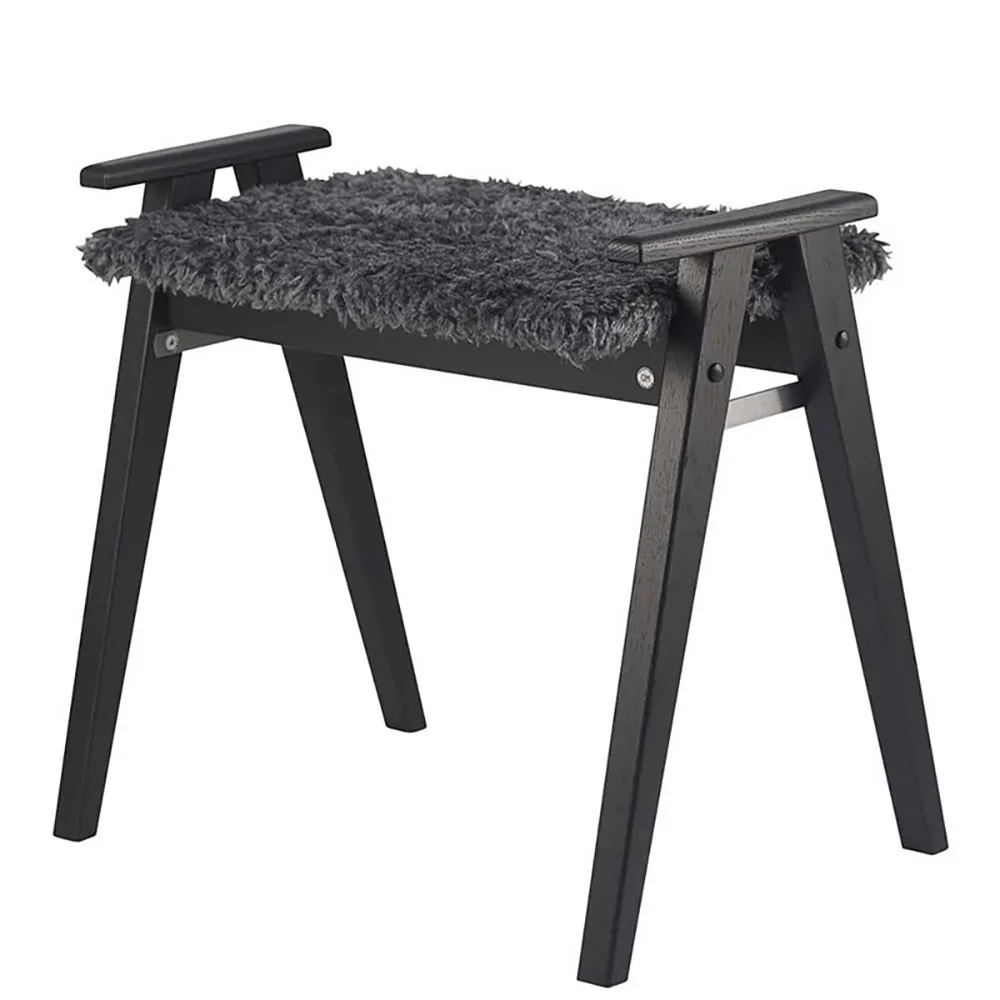 Alme Stool Black stained Oak/Sheepskin look dark grey