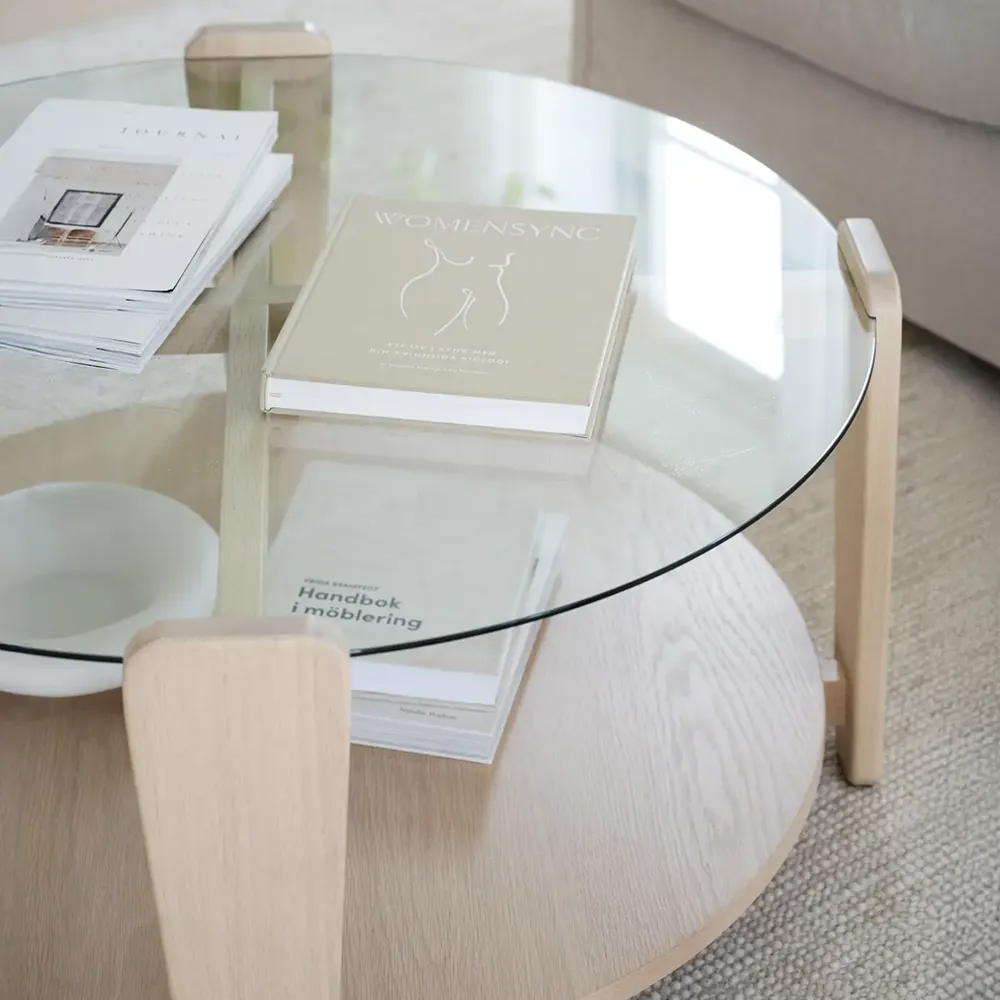 Arran coffee table Ø93 white pigmented oak/glass