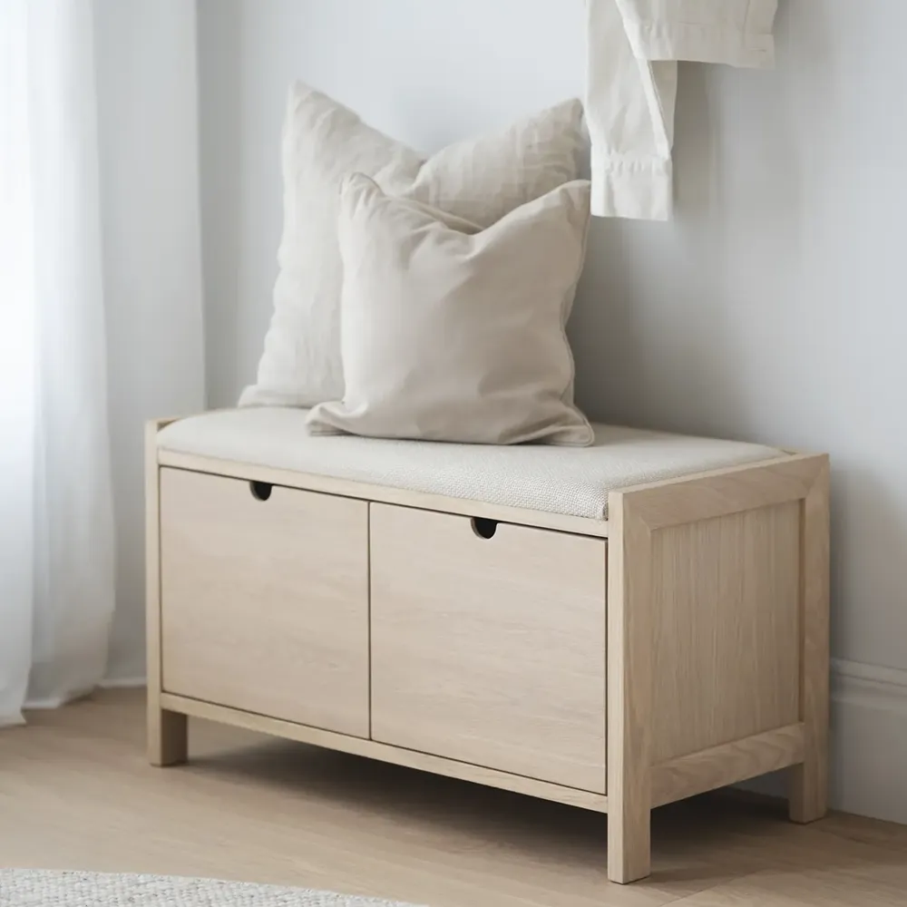 Hillmond storage bench 80 cm white pigmented oak/beige fabric