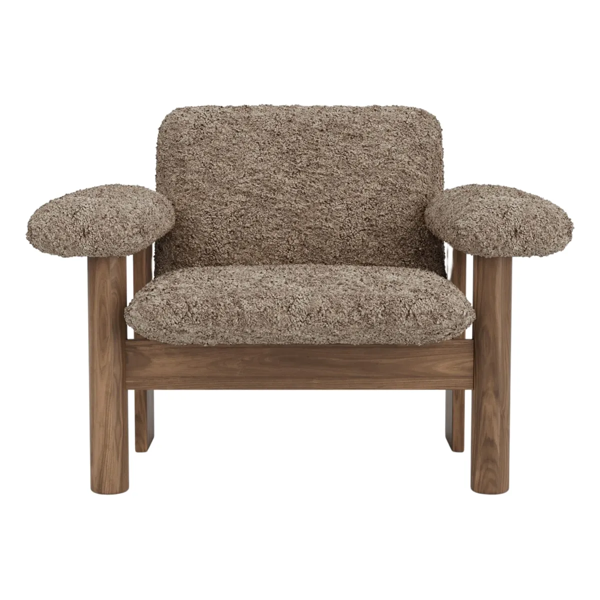 Brasilia Lounge Chair Fully Upholstered Low Back Four-Leg Base Solid Walnut Sheepskin Nevotex Sahara