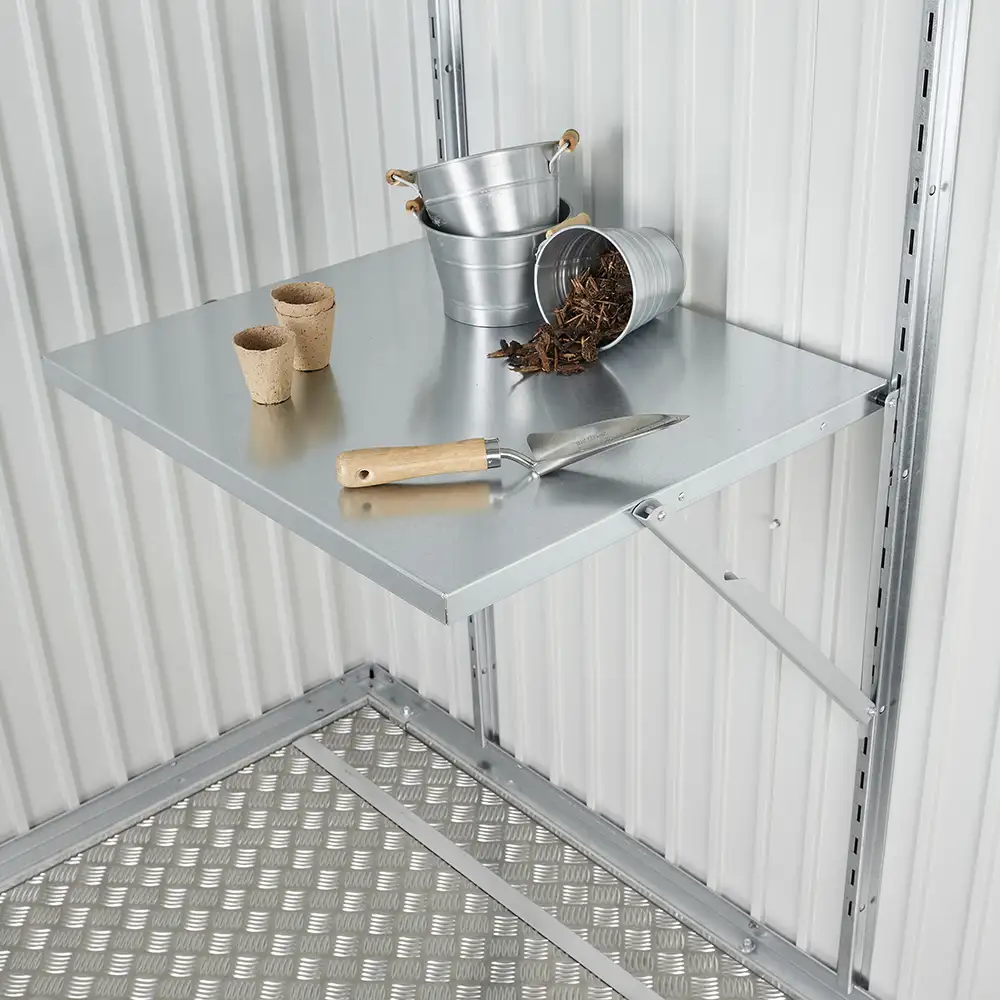 Folding table for wooden shed and tool cabinet