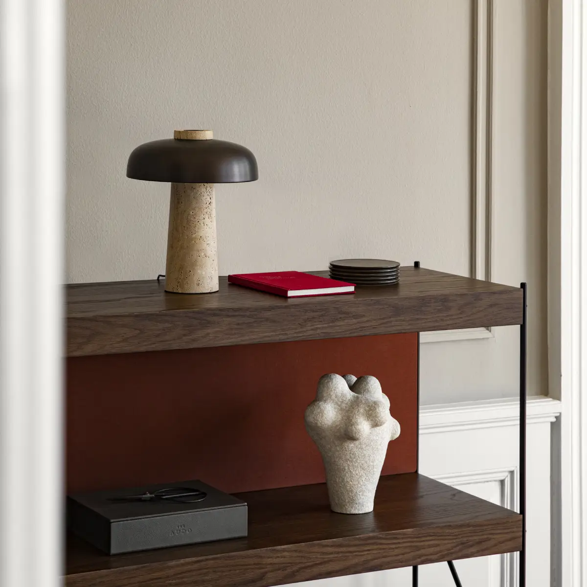 Reverse Table Lamp, Travertine, Sand/Aluminium Bronzed