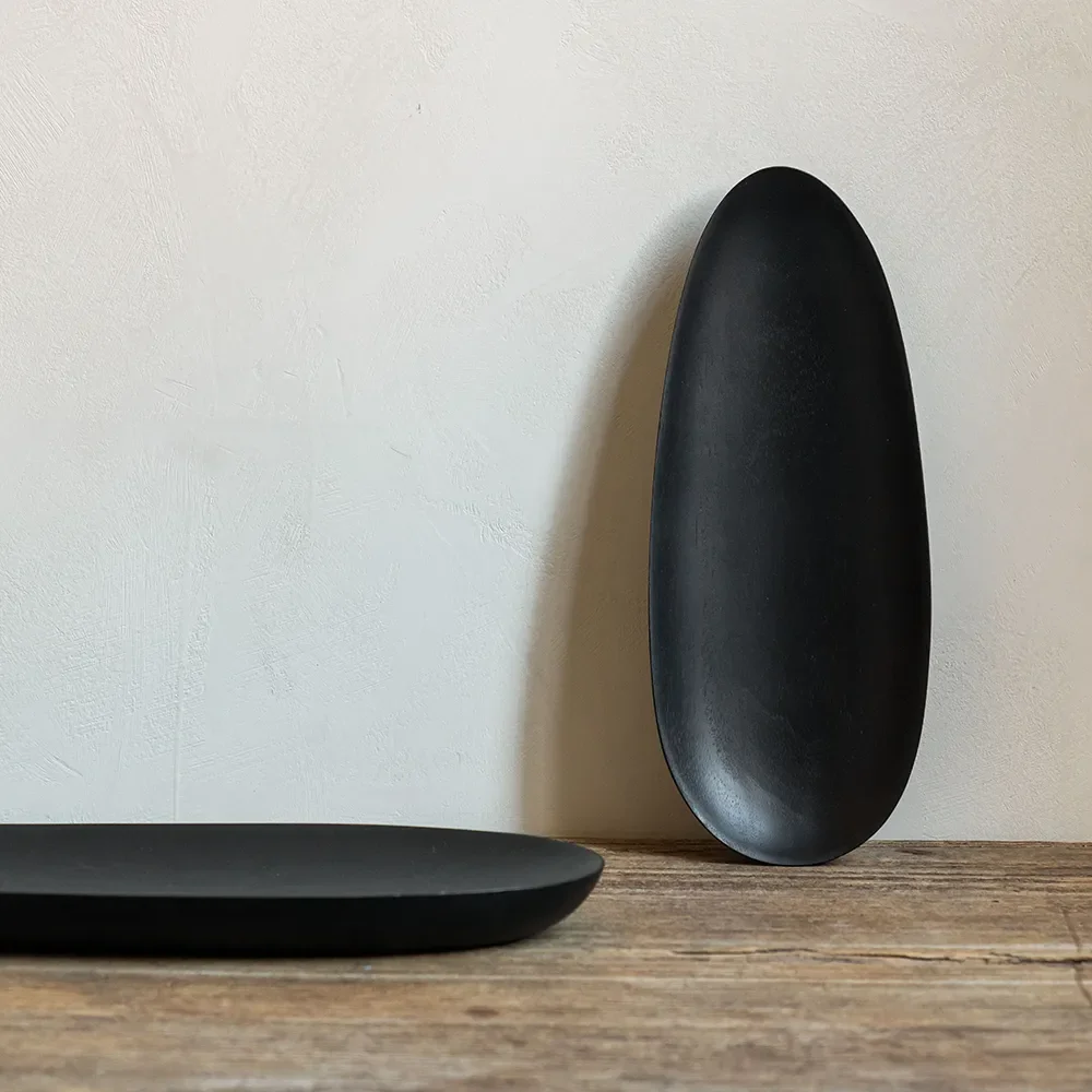 Thin oval trays lacquered black mahogany-Set of 2