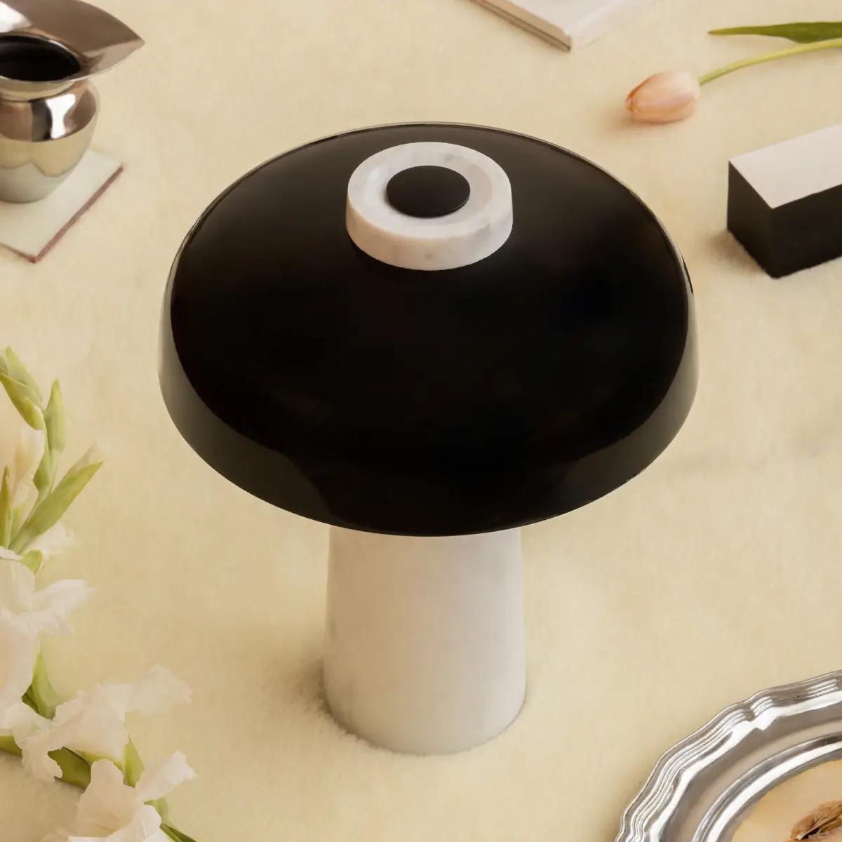 Reverse Table Lamp, Marble, Carrara/Aluminium Black