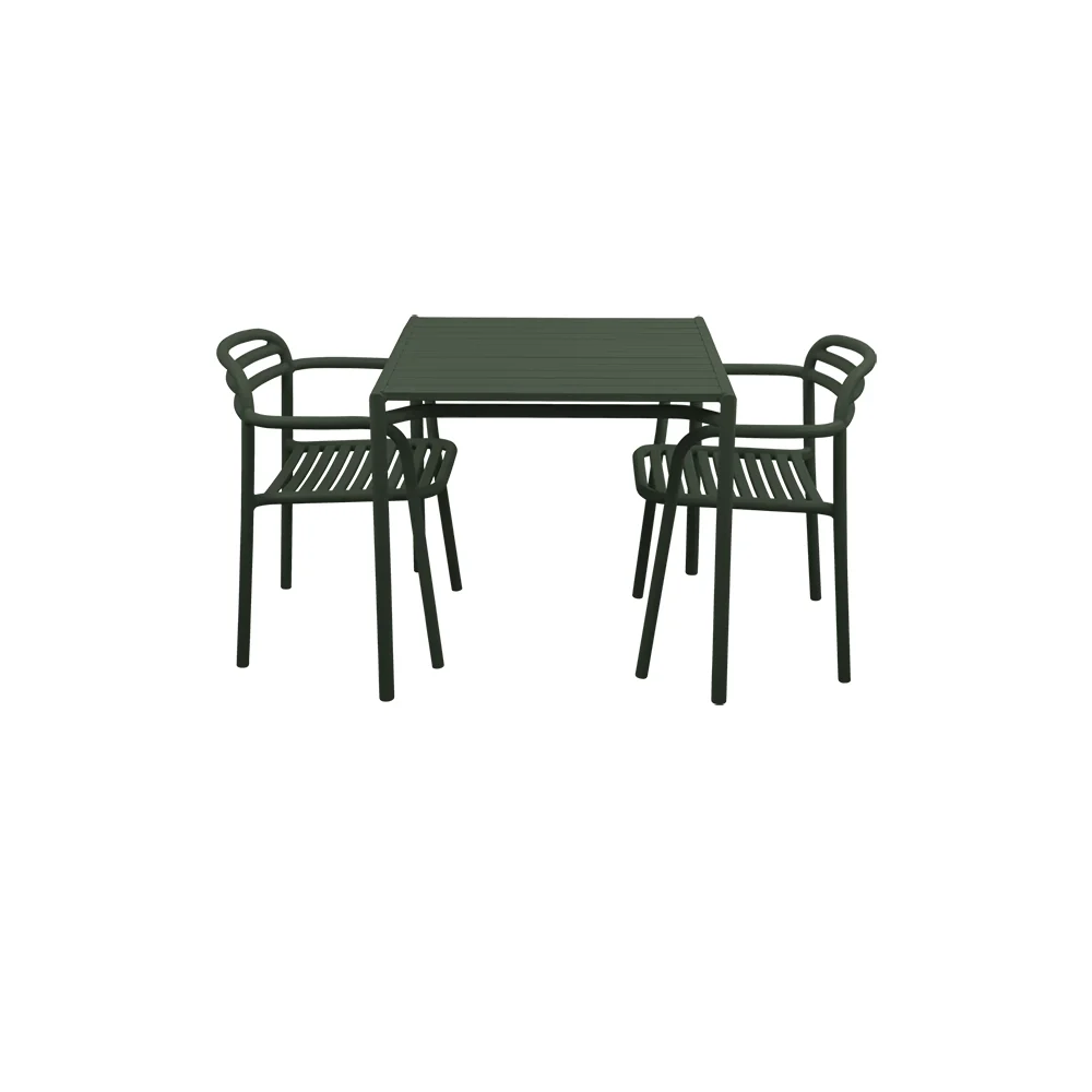 Bliss dining table incl. two chairs with armrests - Dark green aluminium