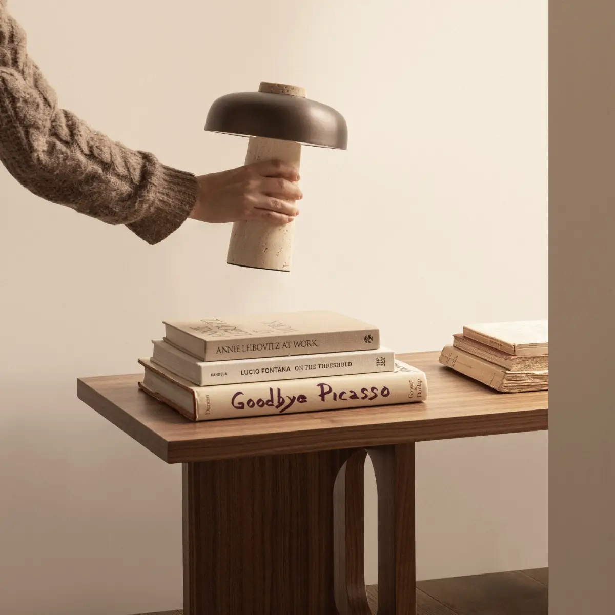 Reverse Portable Table Lamp Travertine, Sand/Aluminium, Bronzed
