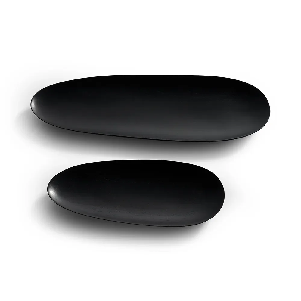 Thin oval trays lacquered black mahogany-Set of 2