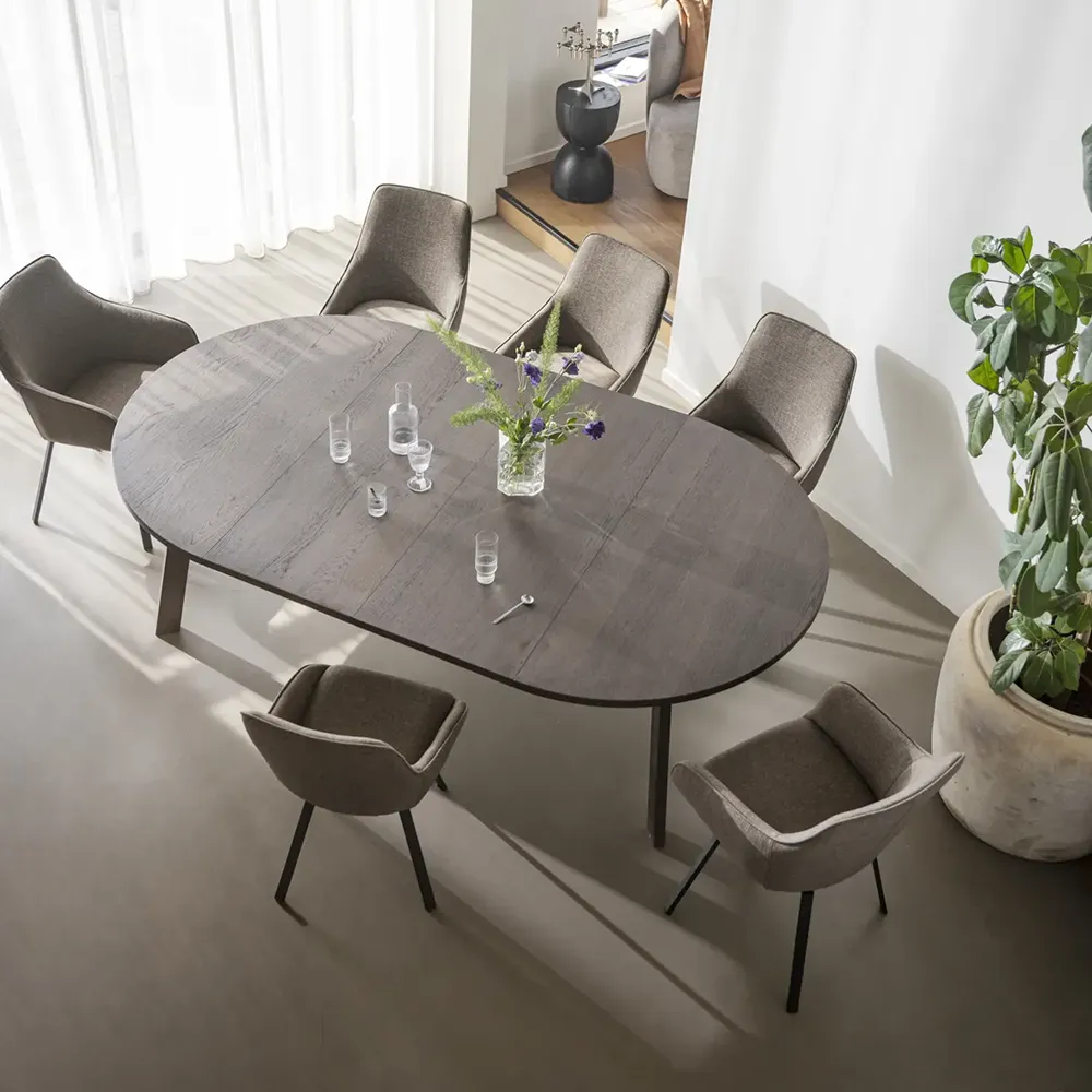 Alison chair with armrests darkbeige fabric/black metal legs