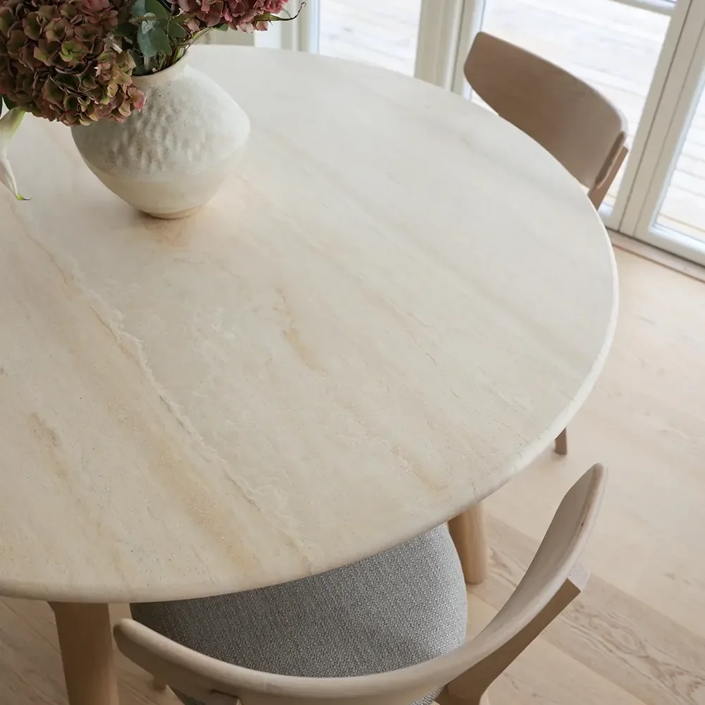 Taransay dining table Ø125 cm beige travertine/white pigmented oak