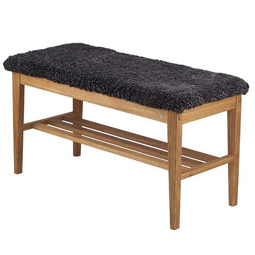 Nadja Bench Lacquered Oak/Sheepskin dark grey