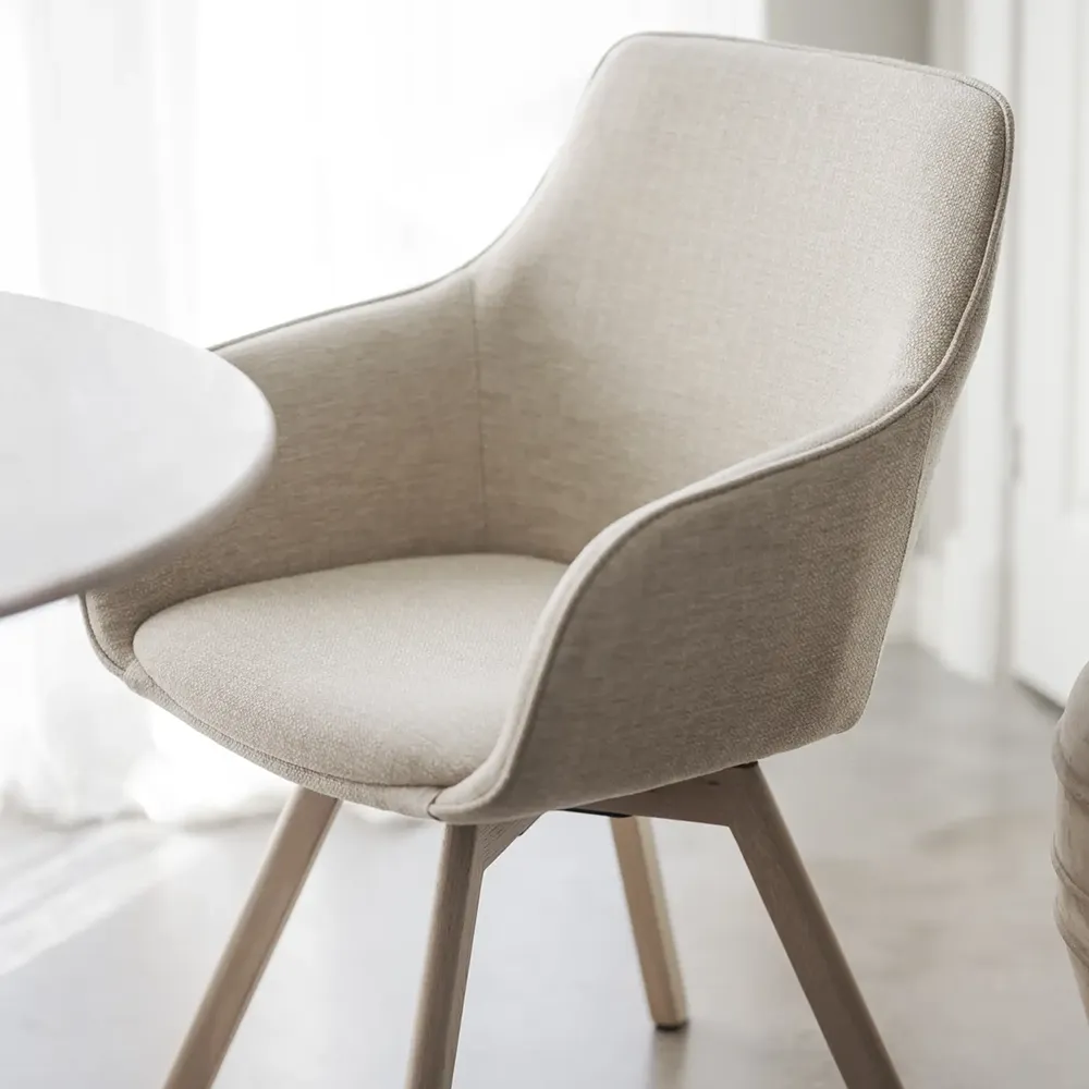 Alison chair with armrests lightbeige fabric/white pigmented oak legs