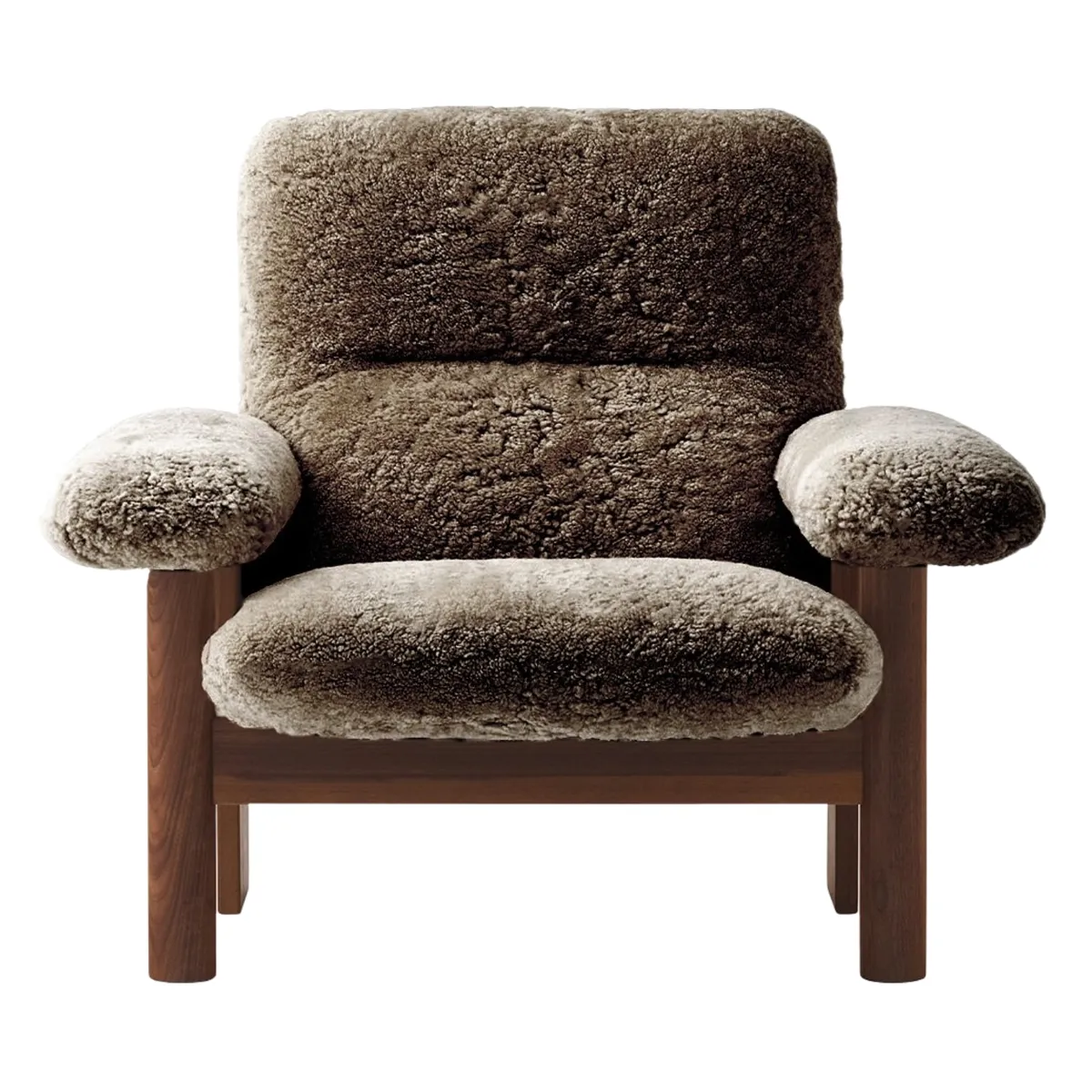 Brasilia Lounge Chair Fully Upholstered High Back Four-Leg Base Dark Stained Solid Oak Sheepskin Nevotex Sahara