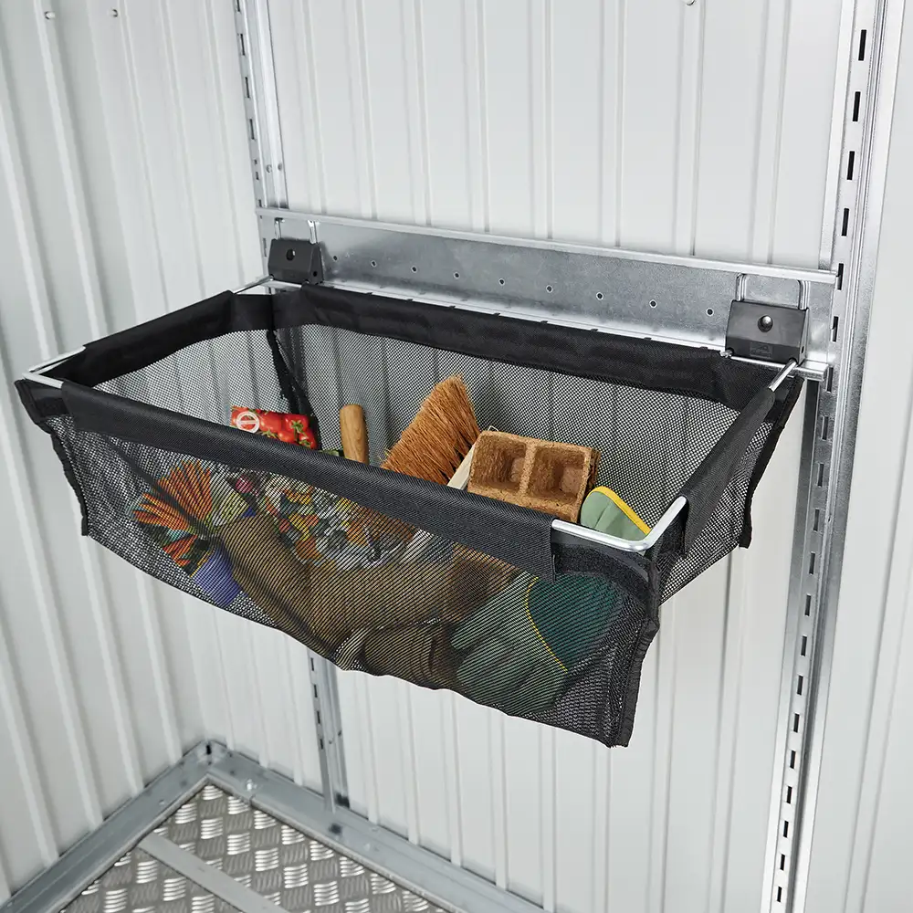 Hanging net basket with wall rail for garden sheds, Red