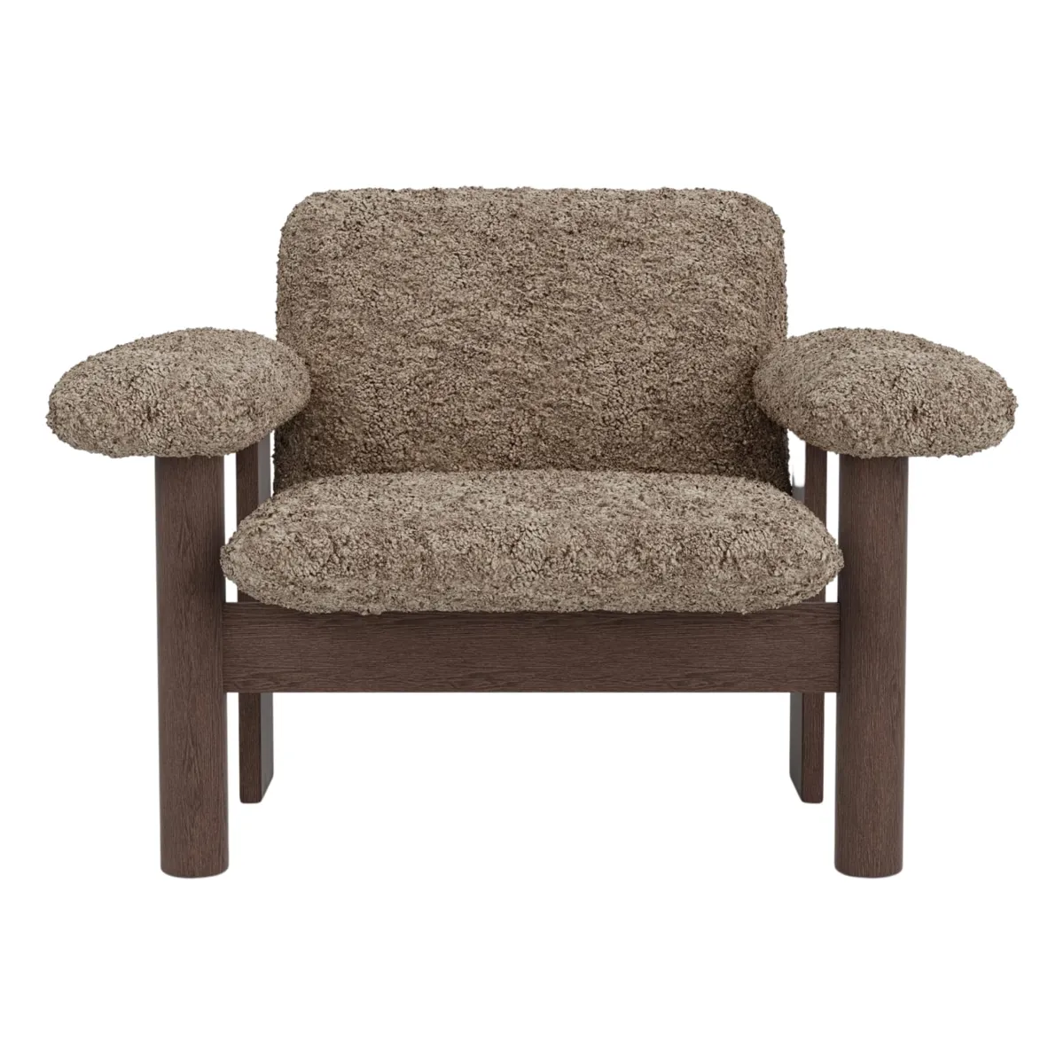 Brasilia Lounge Chair Fully Upholstered, Low Back, Four-Leg Base, Dark Stained Solid Oak, Sheepskin Nevotex Sahara