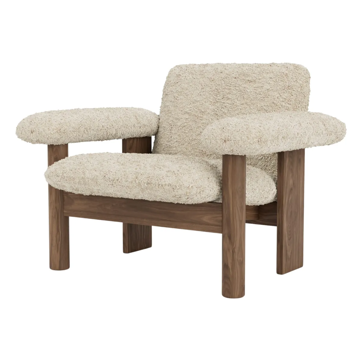 Brasilia Lounge Chair Fully Upholstered Low Back Four-Leg Base Solid Walnut Sheepskin Nevotex Nature