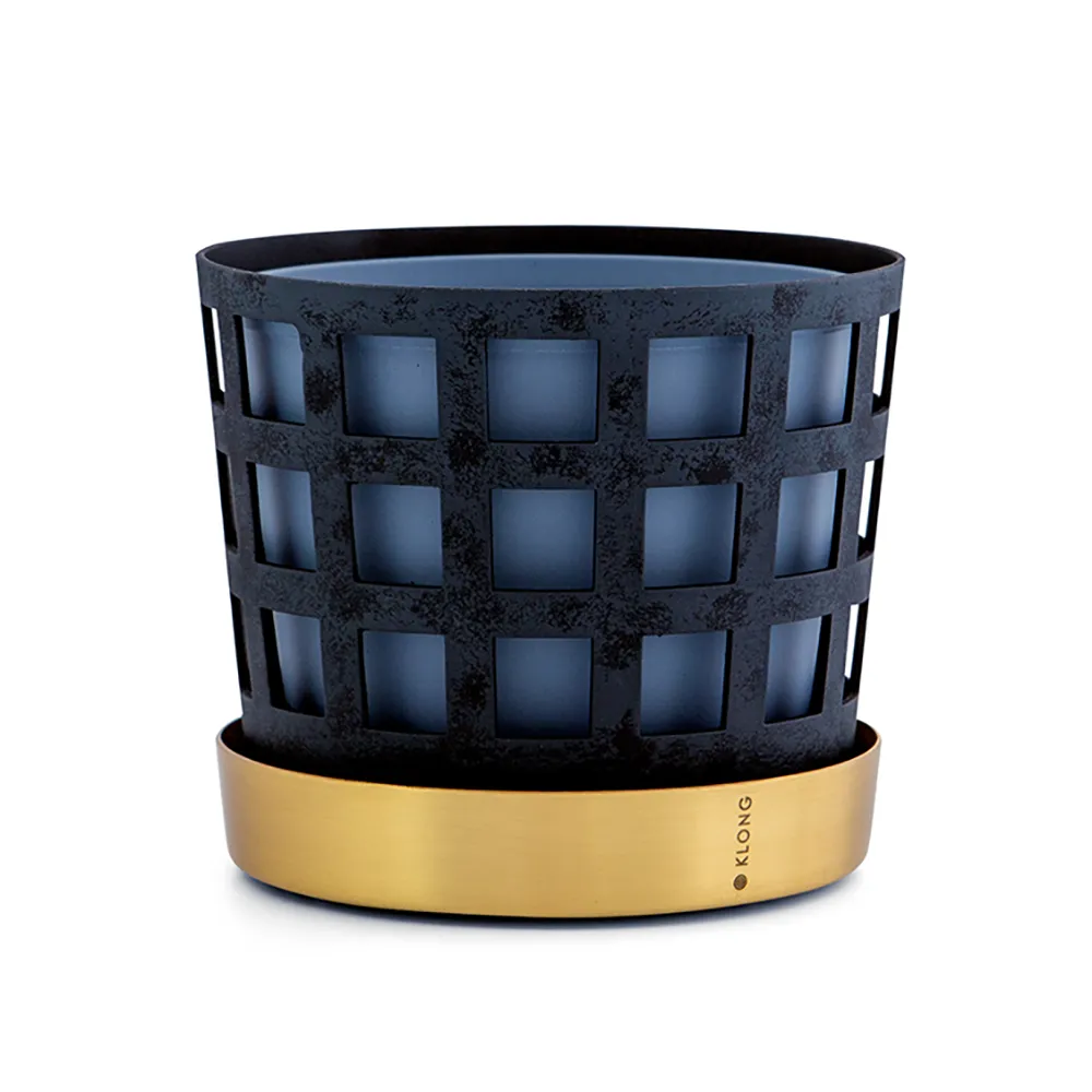 Trio Square Small Tray in Blue Lacquered Thin Sheet Metal with Brass