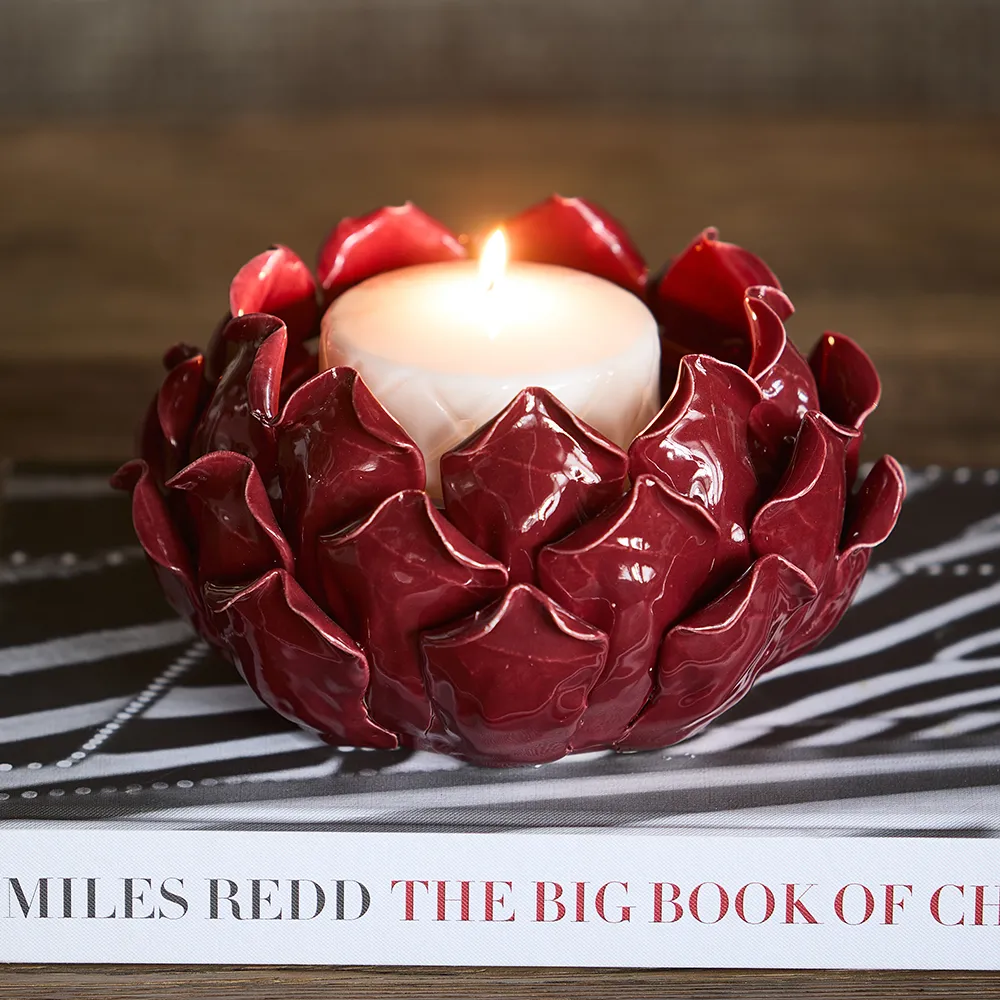 Ceramic Candle Holder Artichoke Bowl Burgundy