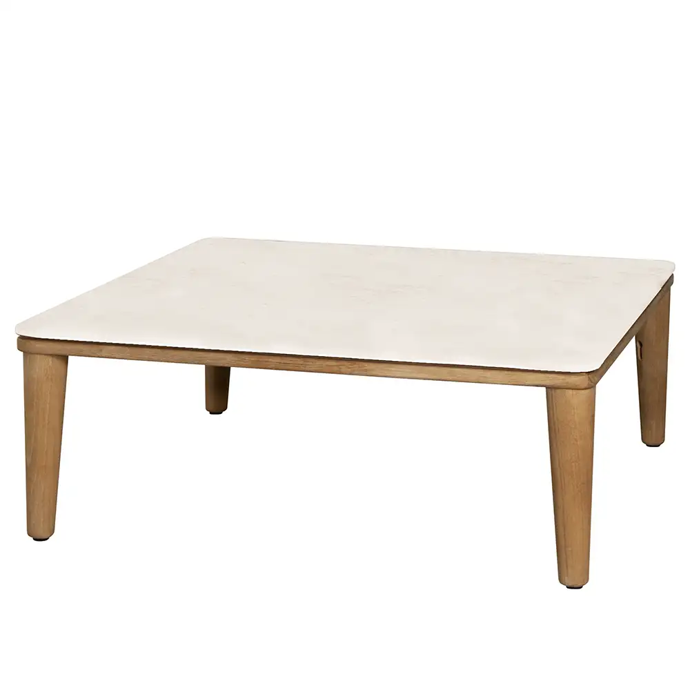 Table top 85 x 85 cm Rounded corners Travertine look, ceramic