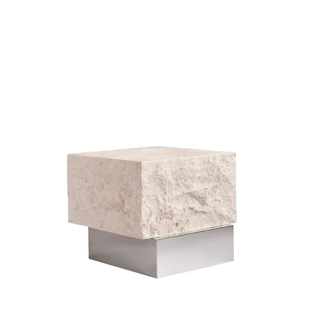 Temple Coffee Table, Low - Chrome / Limestone