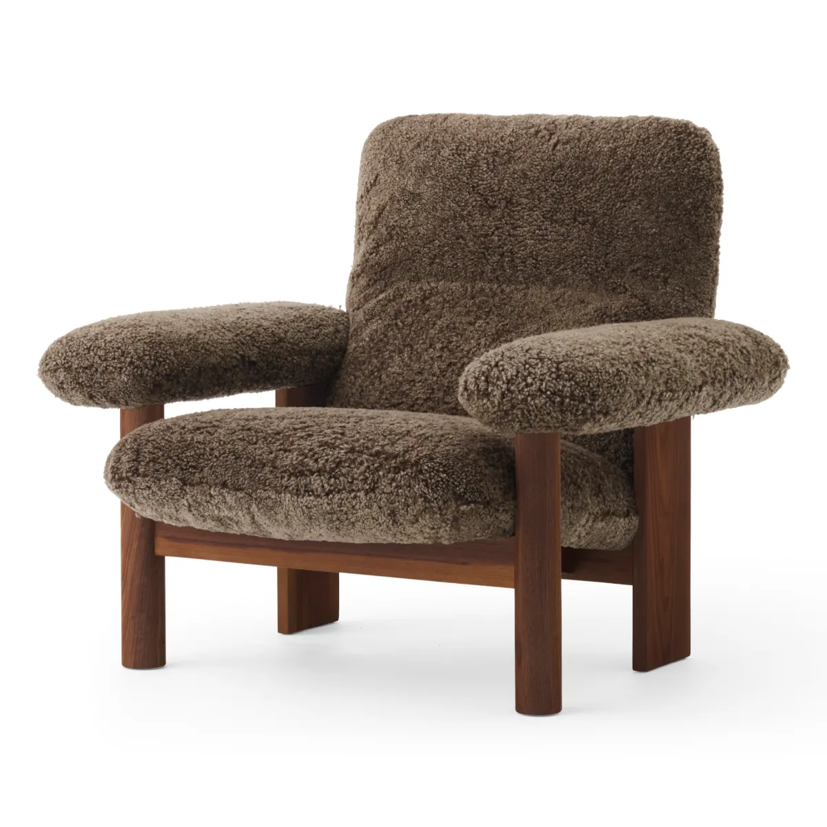 Brasilia Lounge Chair Fully Upholstered High Back Four-Leg Base Solid Walnut Sheepskin Nevotex Root