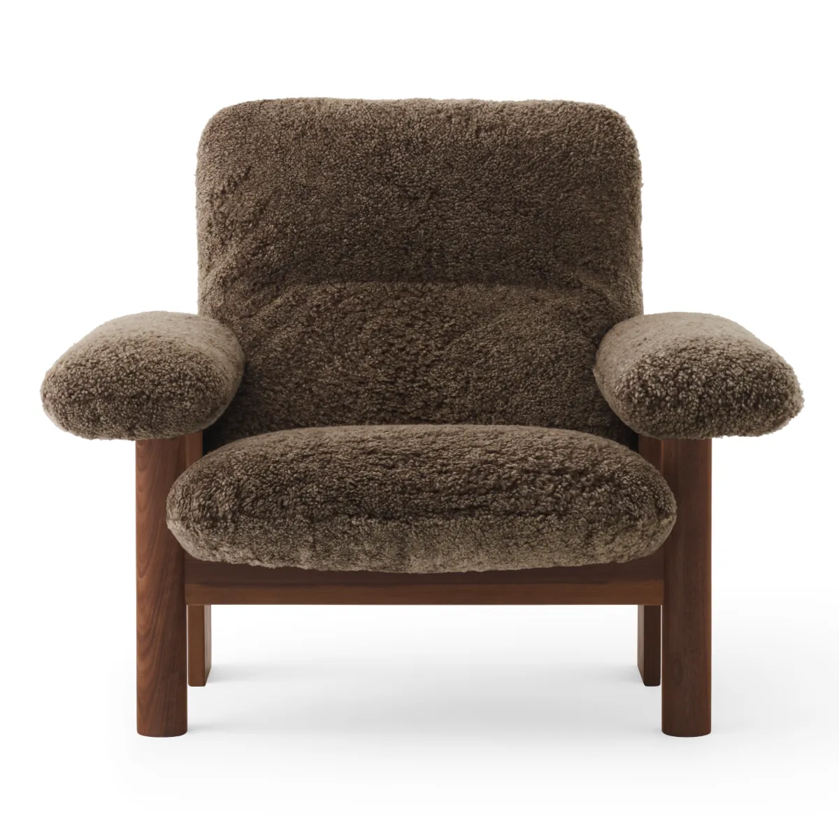 Brasilia Lounge Chair Fully Upholstered High Back Four-Leg Base Solid Dark Stained Oak Sheepskin Nevotex Root
