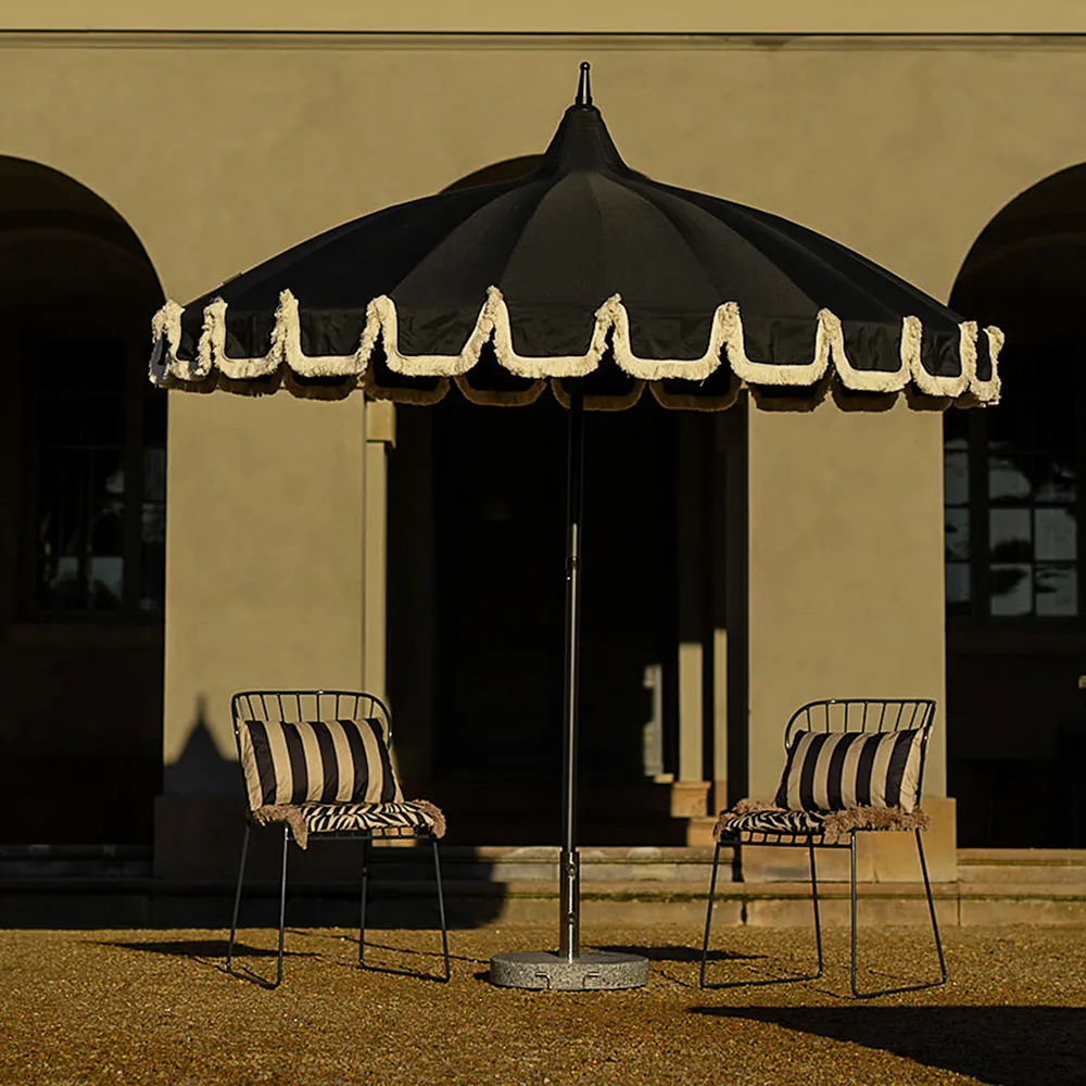 Parasol with fringes Ø240 cm Black