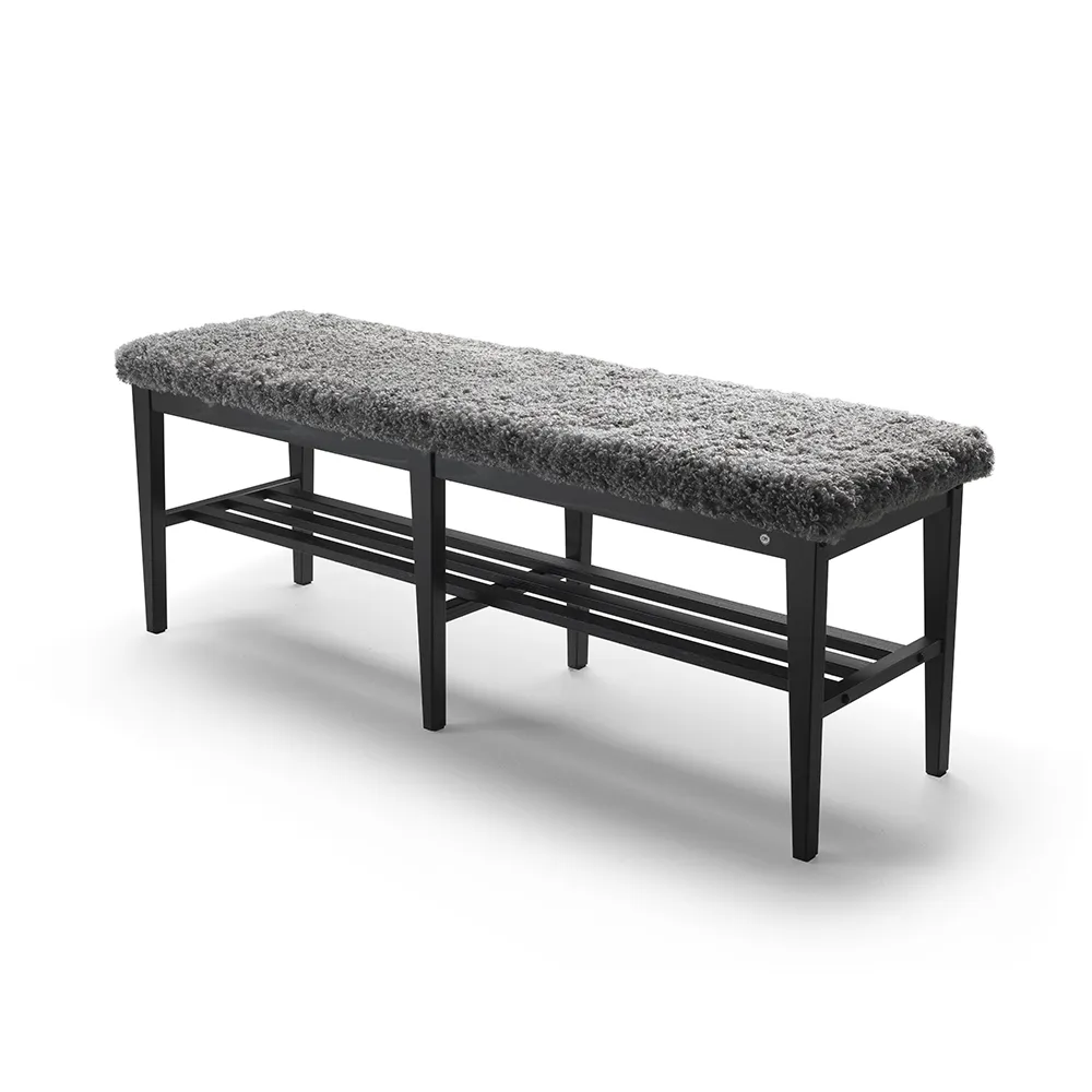 Nadja Bench 130 cm Black stained Ash/Sheepskin look Grey