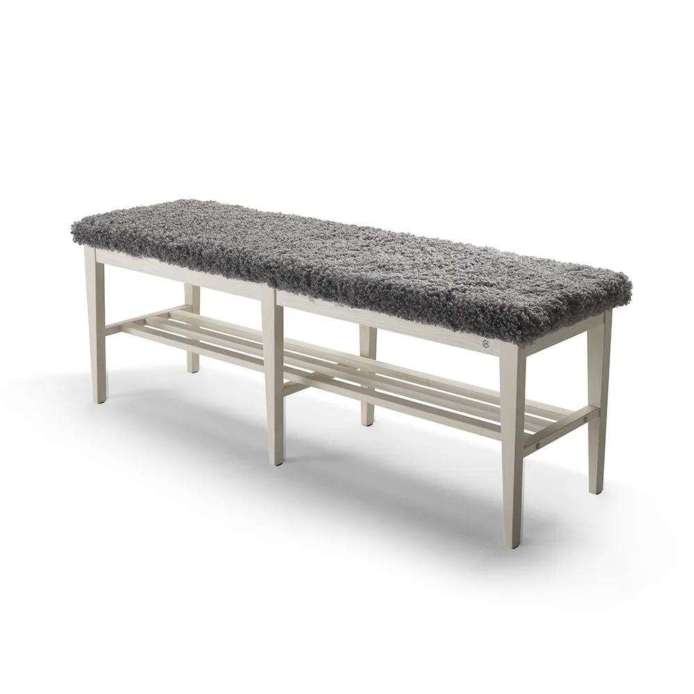 Nadja Bench 130 cm White oiled Ash/Sheepskin look Grey