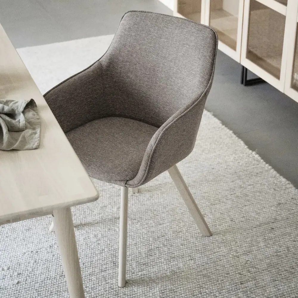 Alison chair with armrests darkbeige fabric/white pigmented oak legs