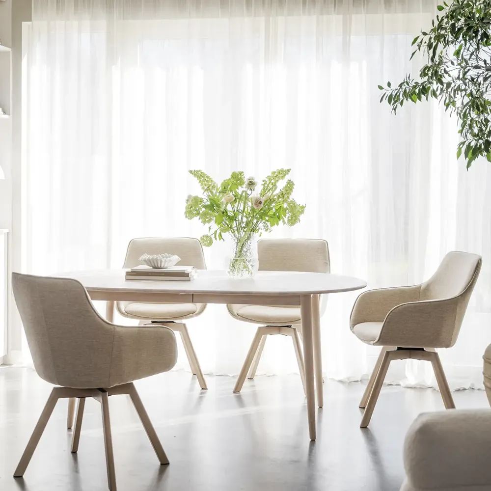 Alison chair with armrests lightbeige fabric/white pigmented oak legs