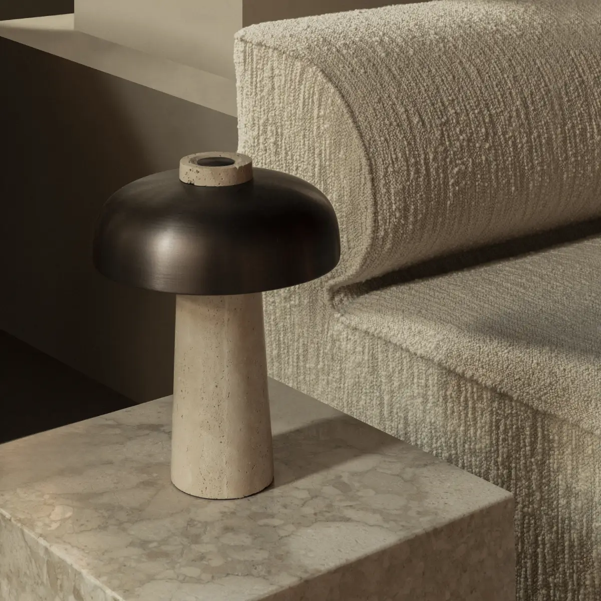 Reverse Table Lamp, Travertine, Sand/Aluminium Bronzed