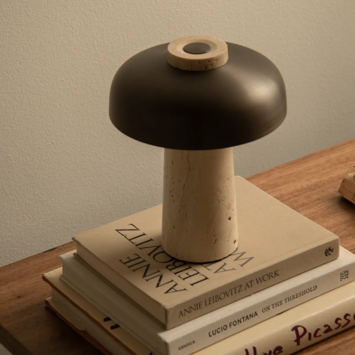 Reverse Portable Table Lamp Travertine, Sand/Aluminium, Bronzed